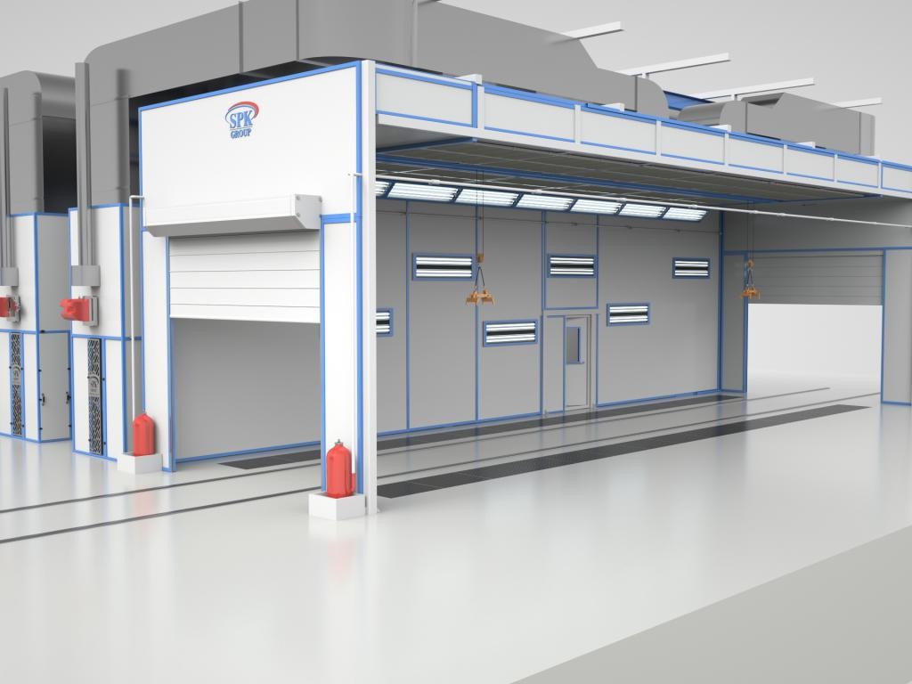 Комплекс SPK дробеструйной и окрасочно-сушильной камер c транспортной подвесной системой для труб